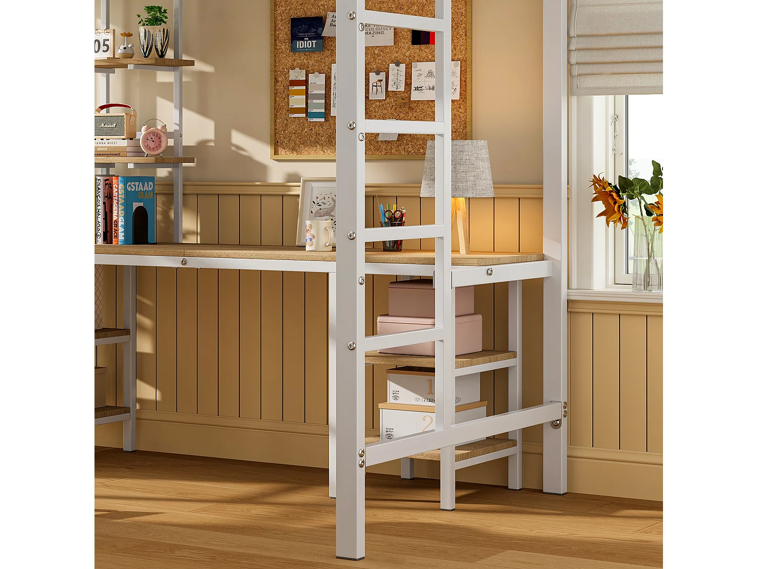 Lit mezzanine enfant 90x200cm, lit métal avec bureau + étagère de rangement, fer + MDF, sans matelas, blanc