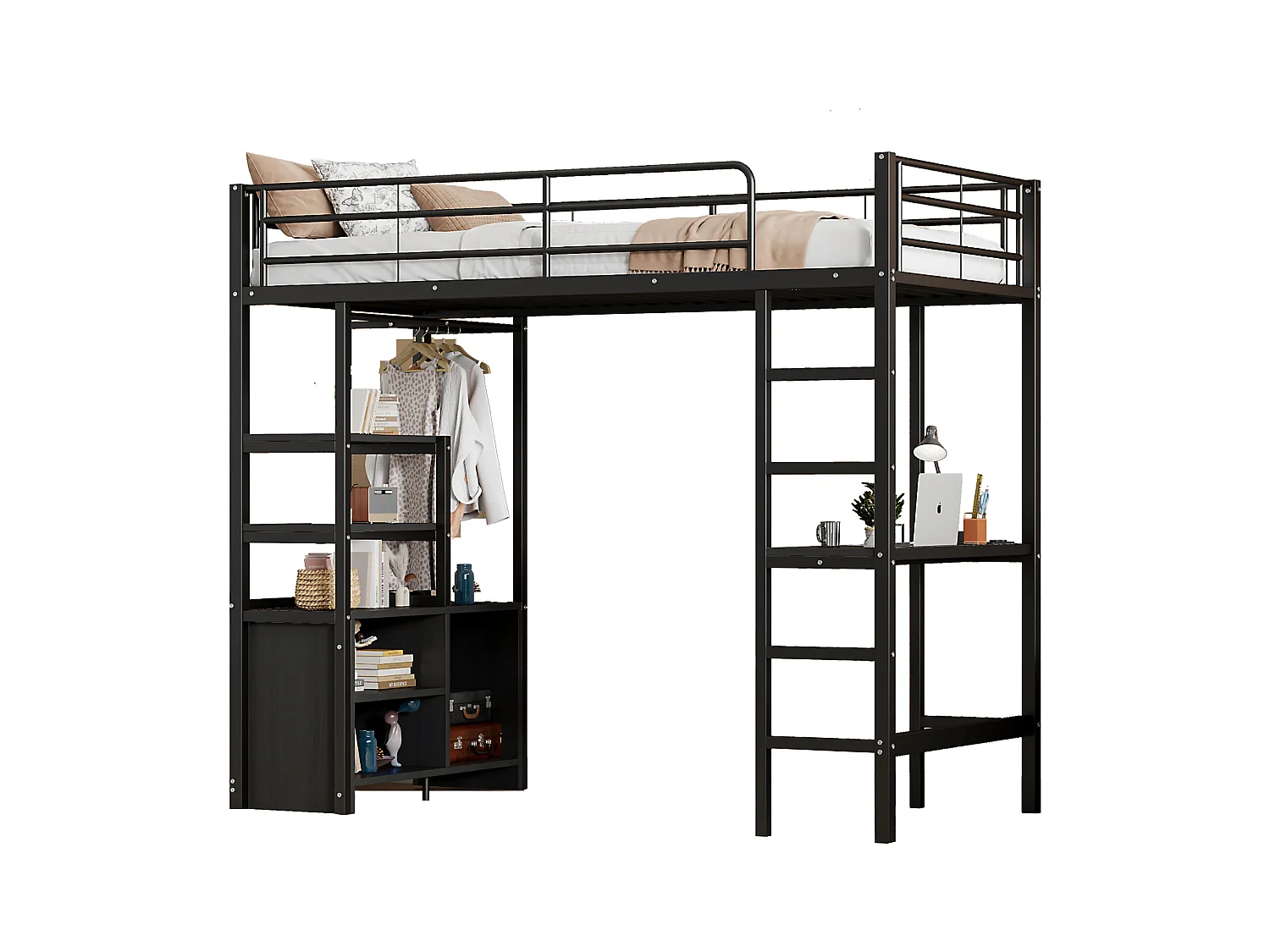Lit mezzanine 90x200cm, lit enfant avec bureau, USB, étagères rangement, lit métal, sans matelas, noir