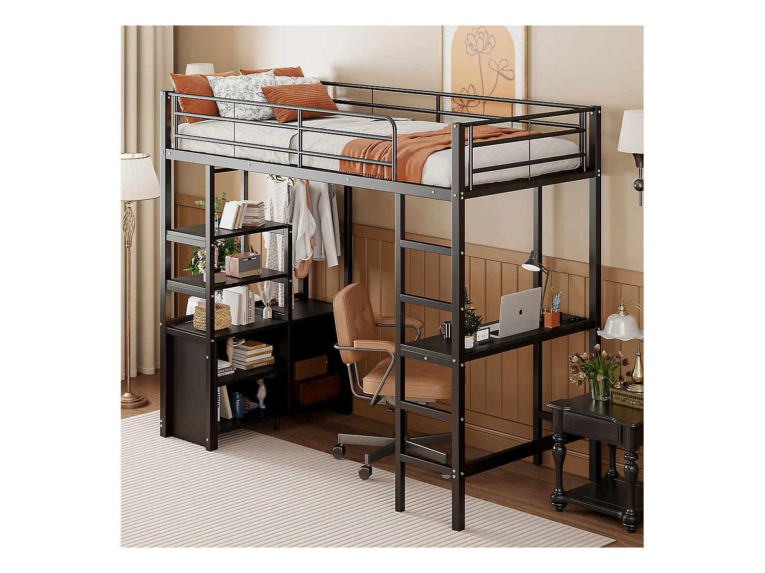 Lit mezzanine 90x200cm, lit enfant avec bureau, USB, étagères rangement, lit métal, sans matelas, noir