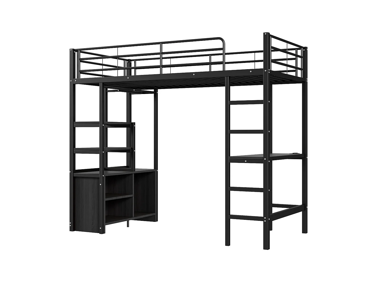 Lit mezzanine 90x200cm, lit enfant avec bureau, USB, étagères rangement, lit métal, sans matelas, noir