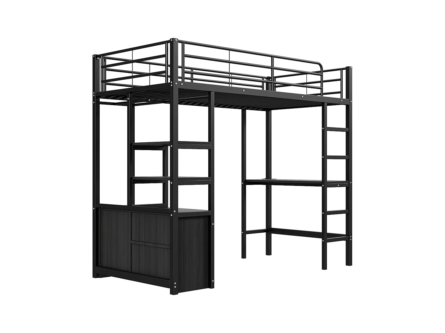 Lit mezzanine 90x200cm, lit enfant avec bureau, USB, étagères rangement, lit métal, sans matelas, noir