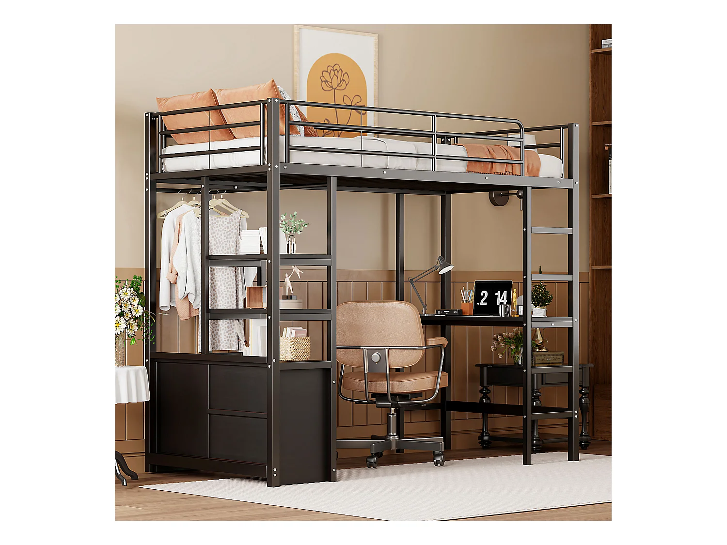 Lit mezzanine 90x200cm, lit enfant avec bureau, USB, étagères rangement, lit métal, sans matelas, noir