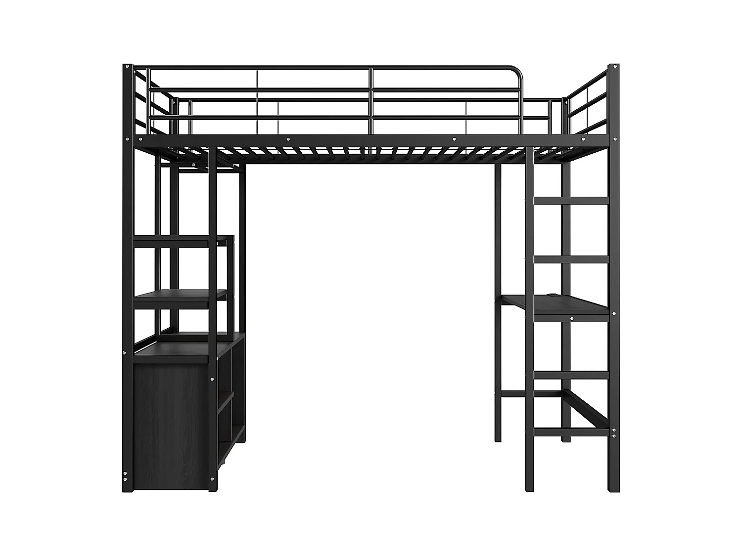 Lit mezzanine 90x200cm, lit enfant avec bureau, USB, étagères rangement, lit métal, sans matelas, noir