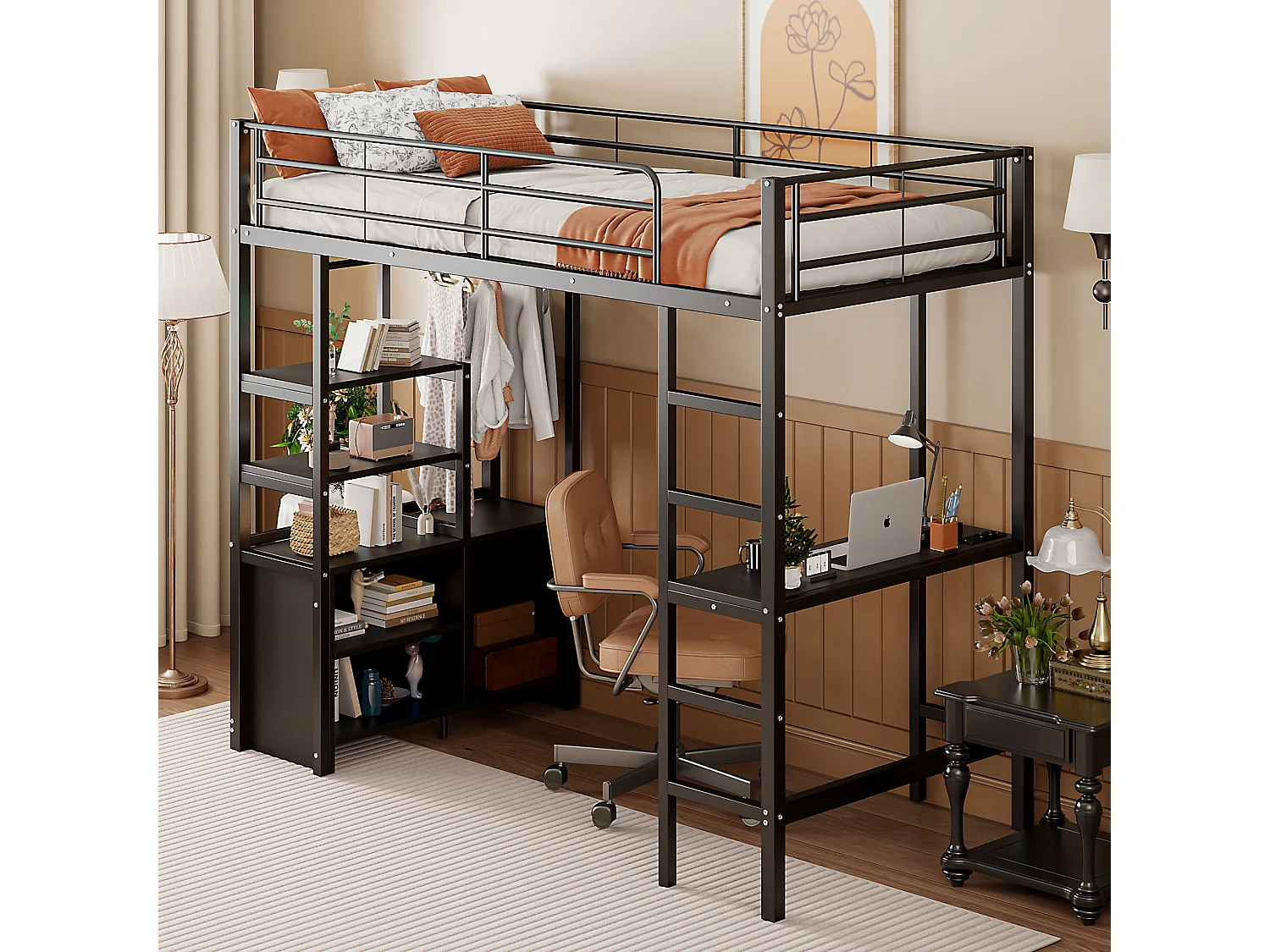 Lit mezzanine 90x200cm, lit enfant avec bureau, USB, étagères rangement, lit métal, sans matelas, noir