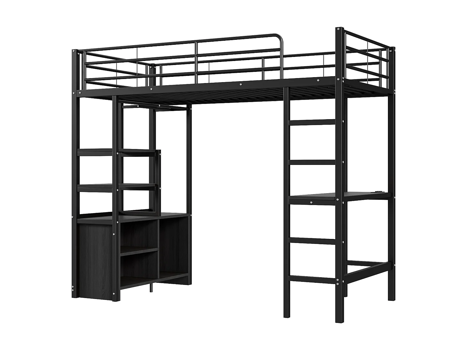 Lit mezzanine 90x200cm, lit enfant avec bureau, USB, étagères rangement, lit métal, sans matelas, noir