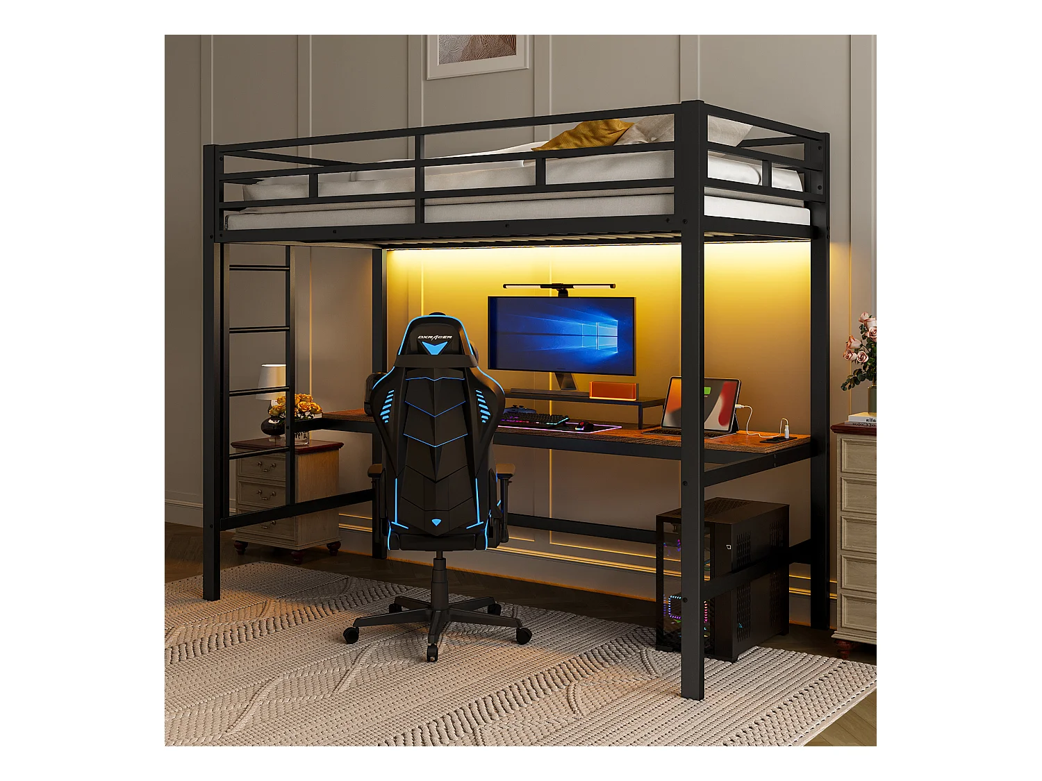 Lit mezzanine enfant 90x200 cm avec prise USB + LED, lit en métal noir, sans matelas