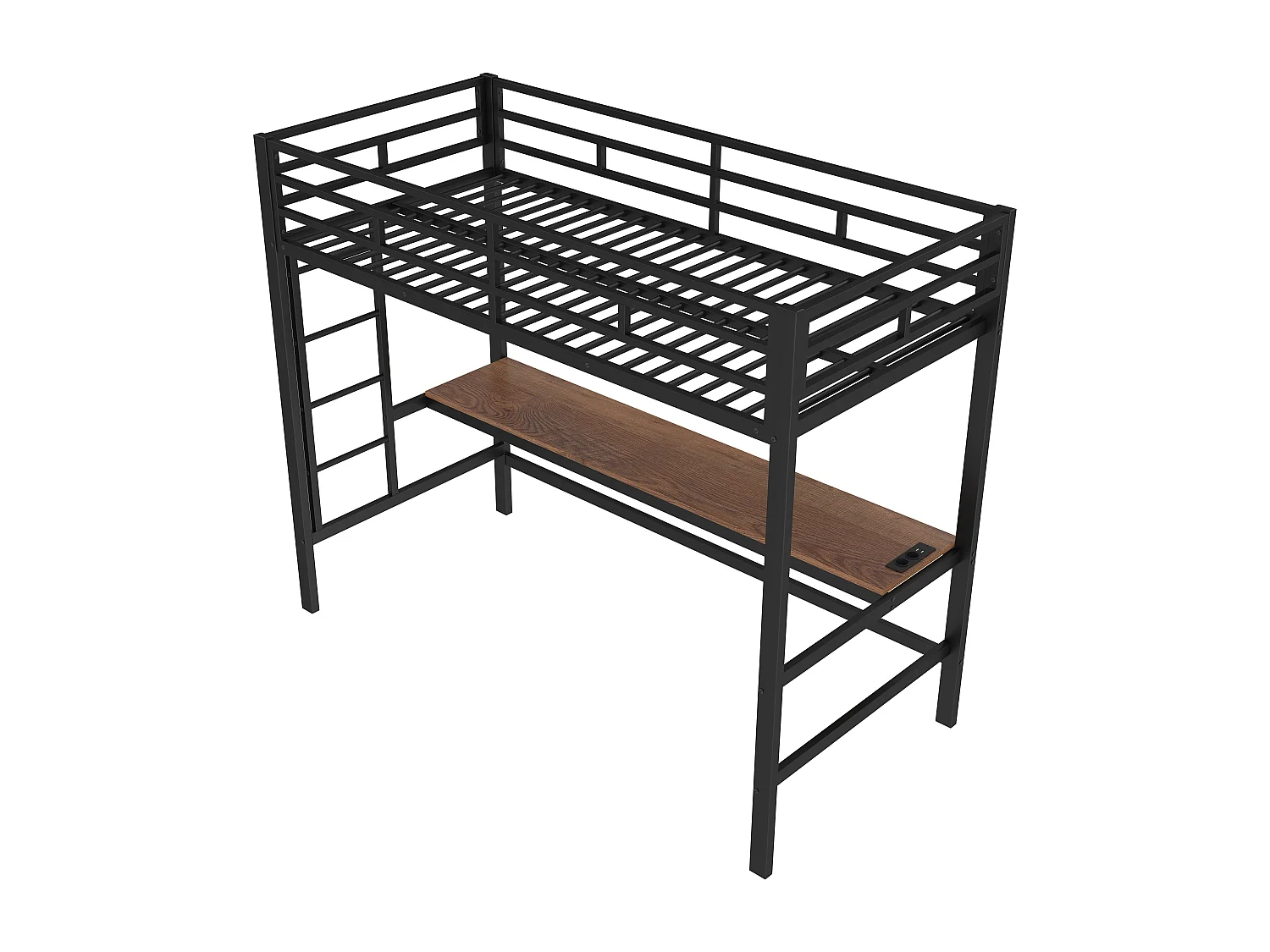 Lit mezzanine enfant 90x200 cm avec prise USB + LED, lit en métal noir, sans matelas