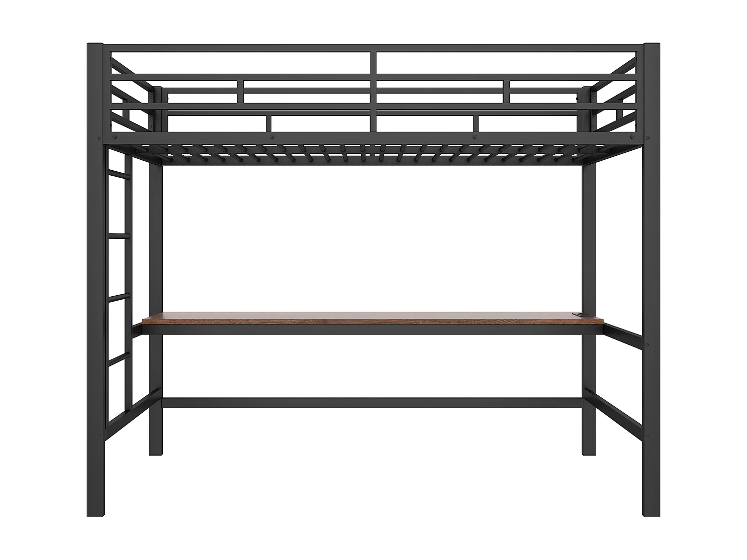Lit mezzanine enfant 90x200 cm avec prise USB + LED, lit en métal noir, sans matelas