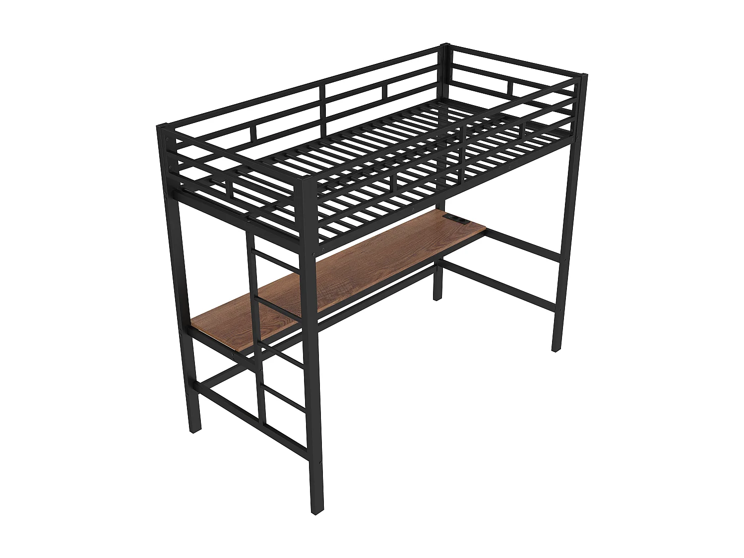 Lit mezzanine enfant 90x200 cm avec prise USB + LED, lit en métal noir, sans matelas