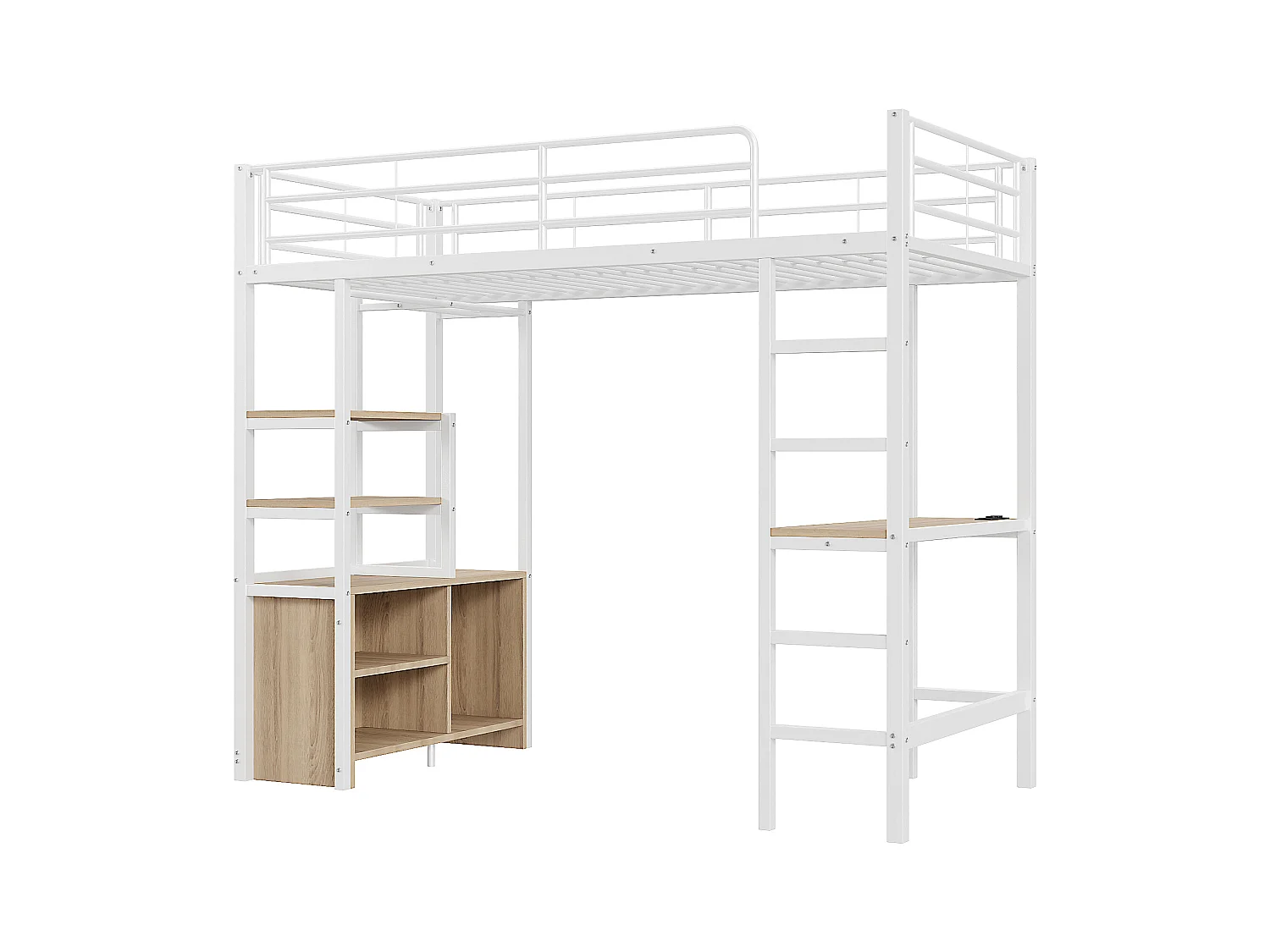 Lit mezzanine 90x200cm, lit enfant avec bureau, USB, étagères rangement, lit métal, sans matelas, blanc