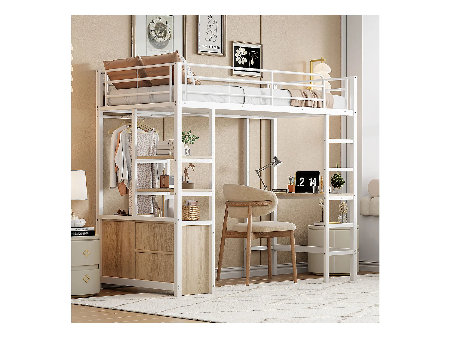 Lit mezzanine 90x200cm, lit enfant avec bureau, USB, étagères rangement, lit métal, sans matelas, blanc