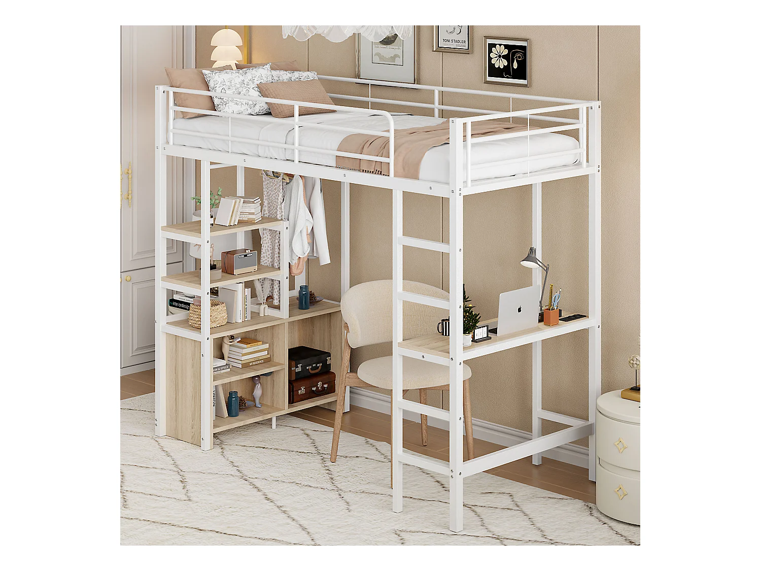 Lit mezzanine 90x200cm, lit enfant avec bureau, USB, étagères rangement, lit métal, sans matelas, blanc