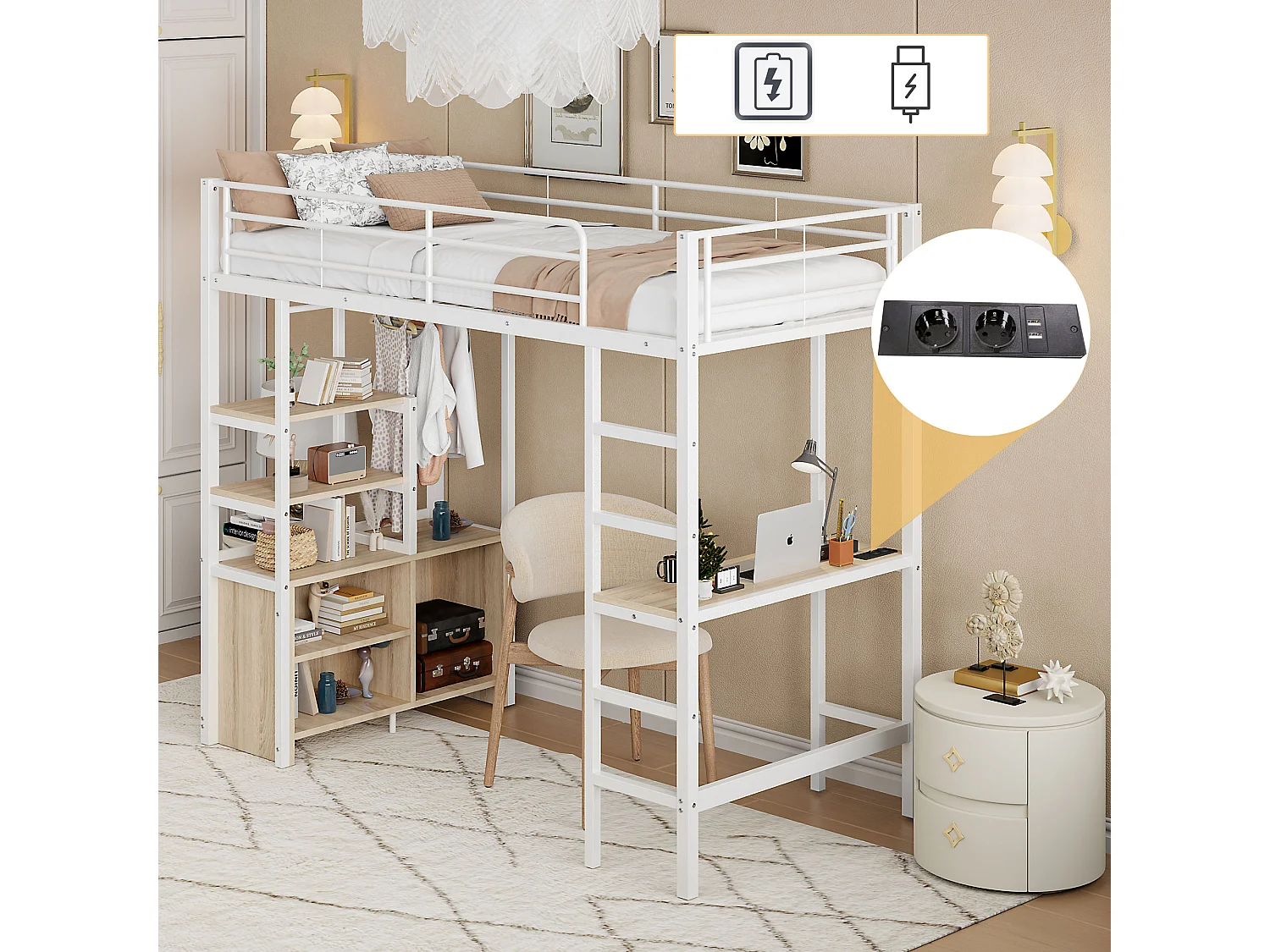 Letto a soppalco 90x200cm, letto per bambini con scrivania, USB, ripiani portaoggetti, letto in metallo, senza materasso, bianco