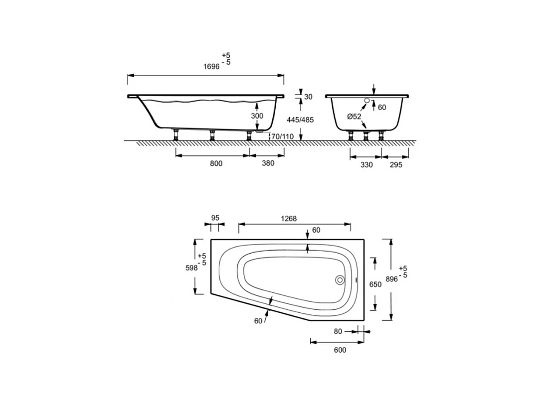 Baignoire bain douche 170 x 90 JACOB DELAFON Bastille vidage à droite blanc mat