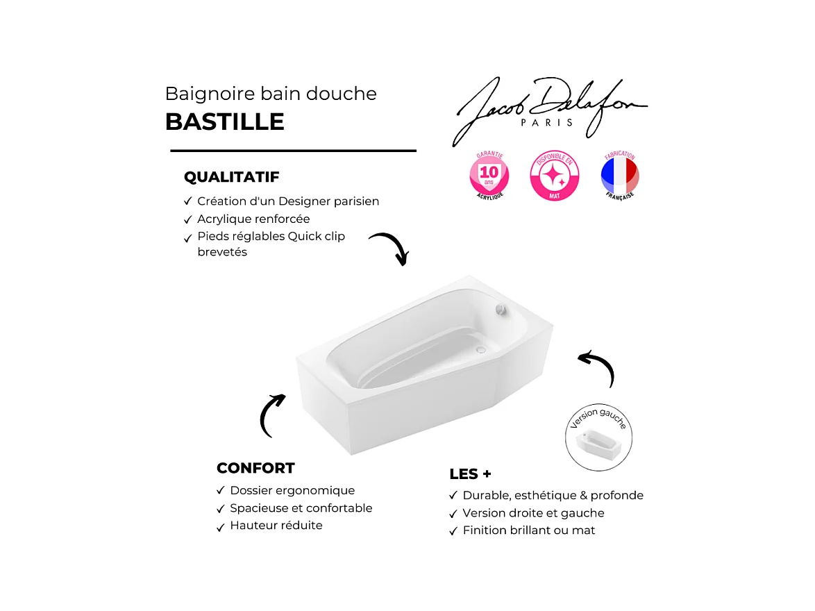 Baignoire bain douche 170 x 90 JACOB DELAFON Bastille vidage à droite blanc brillant