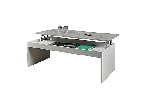 Table relevable 120x60cm Blanc et béton avec étagère de rangement Table salon bureau DARAL