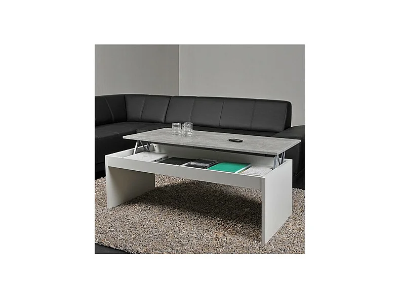 Table relevable 120x60cm Blanc et béton avec étagère de rangement Table salon bureau DARAL