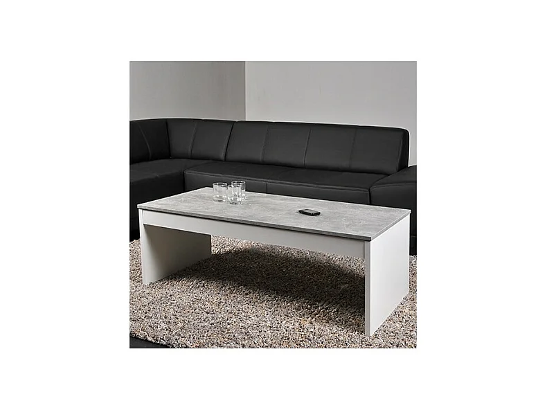 Table relevable 120x60cm Blanc et béton avec étagère de rangement Table salon bureau DARAL