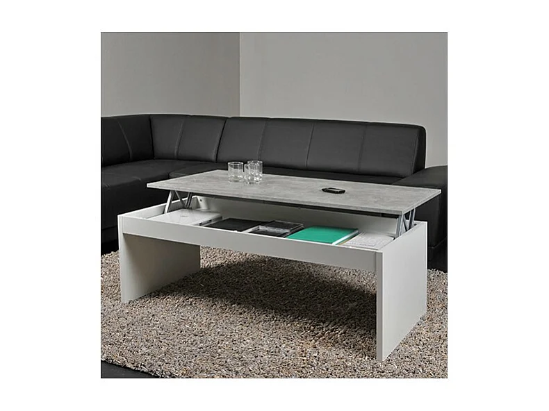 Table relevable 120x60cm Blanc et béton avec étagère de rangement Table salon bureau DARAL