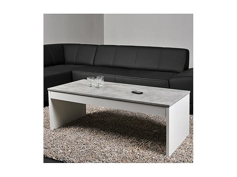 Table relevable 120x60cm Blanc et béton avec étagère de rangement Table salon bureau DARAL