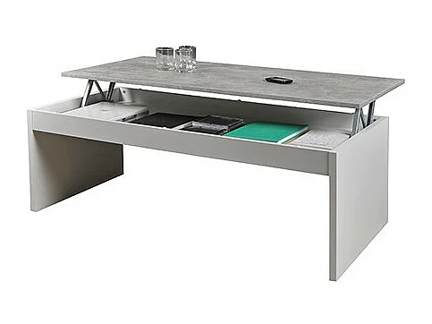 Table relevable 120x60cm Blanc et béton avec étagère de rangement Table salon bureau DARAL