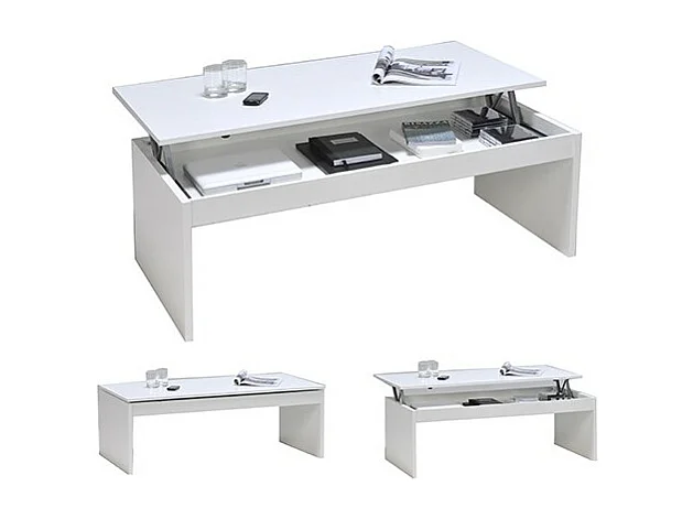 Table relevable 120x60cm Blanc avec étagère de rangement Table salon bureau DARAL