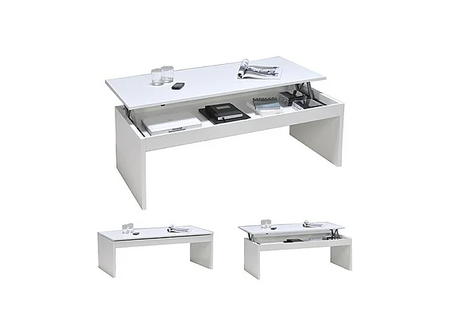 Table relevable 120x60cm Blanc avec étagère de rangement Table salon bureau DARAL