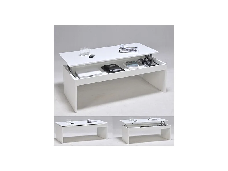 Table relevable 120x60cm Blanc avec étagère de rangement Table salon bureau DARAL