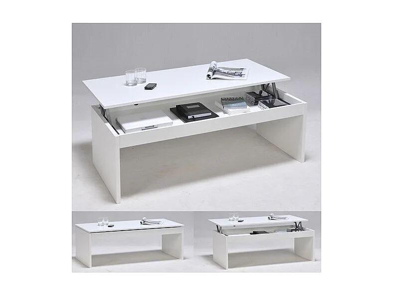 Table relevable 120x60cm Blanc avec étagère de rangement Table salon bureau DARAL