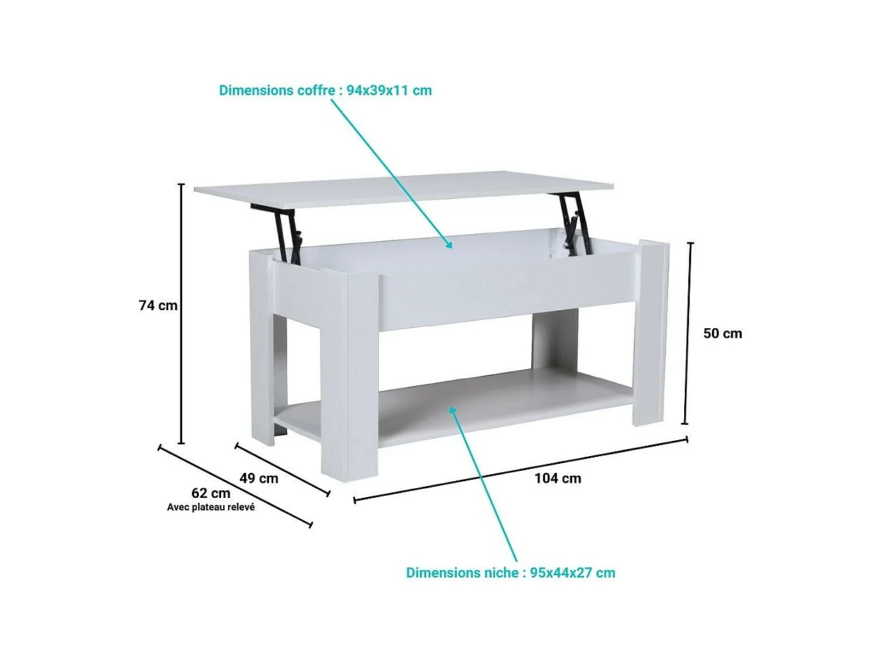 Table relevable 100x50cm Blanc avec étagère de rangement Table salon bureau UFUK