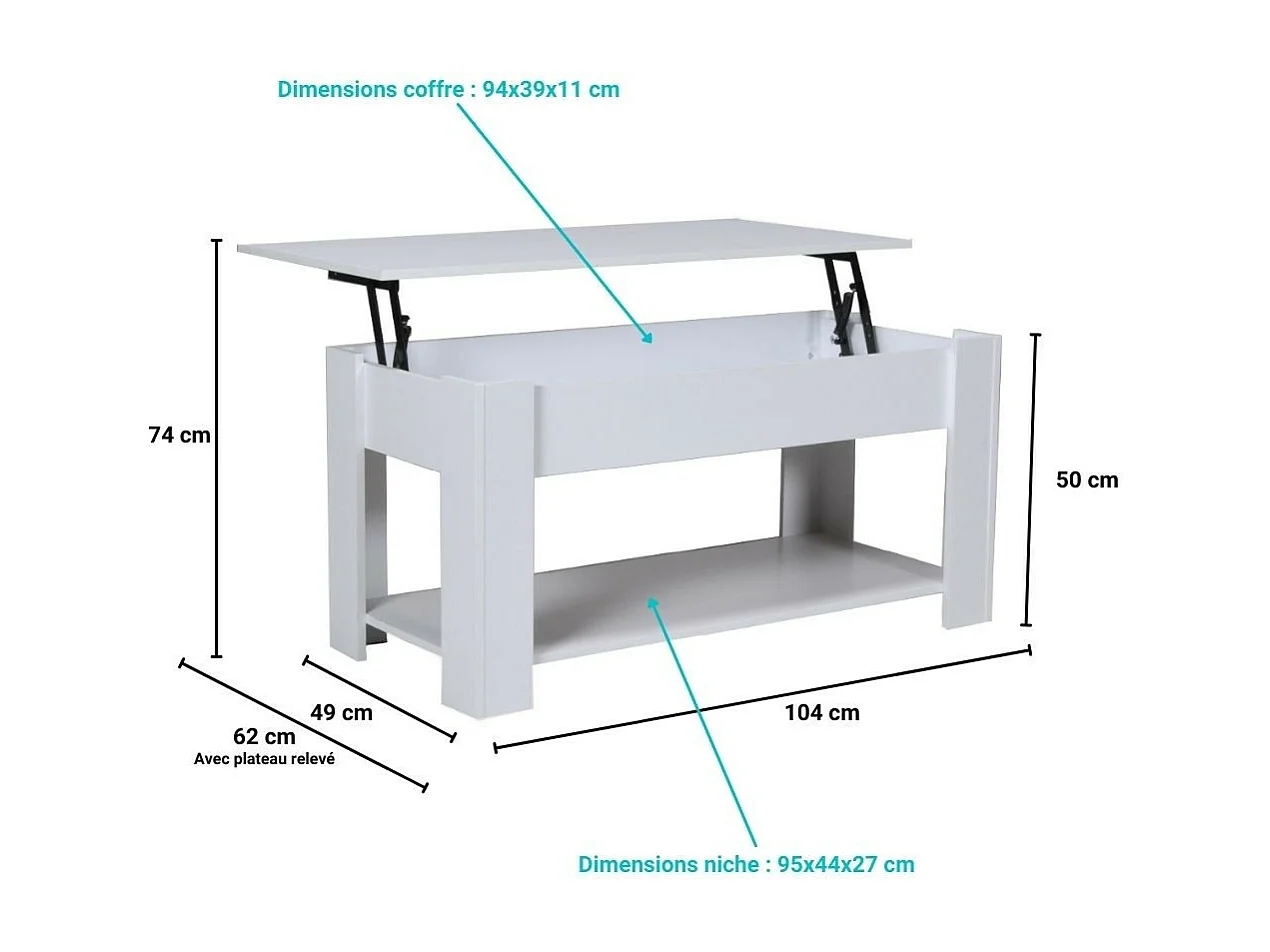 Table relevable 100x50cm Blanc avec étagère de rangement Table salon bureau UFUK