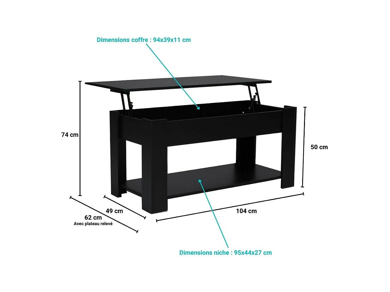 Table relevable 100x50cm Noir avec étagère de rangement Table salon bureau UFUK