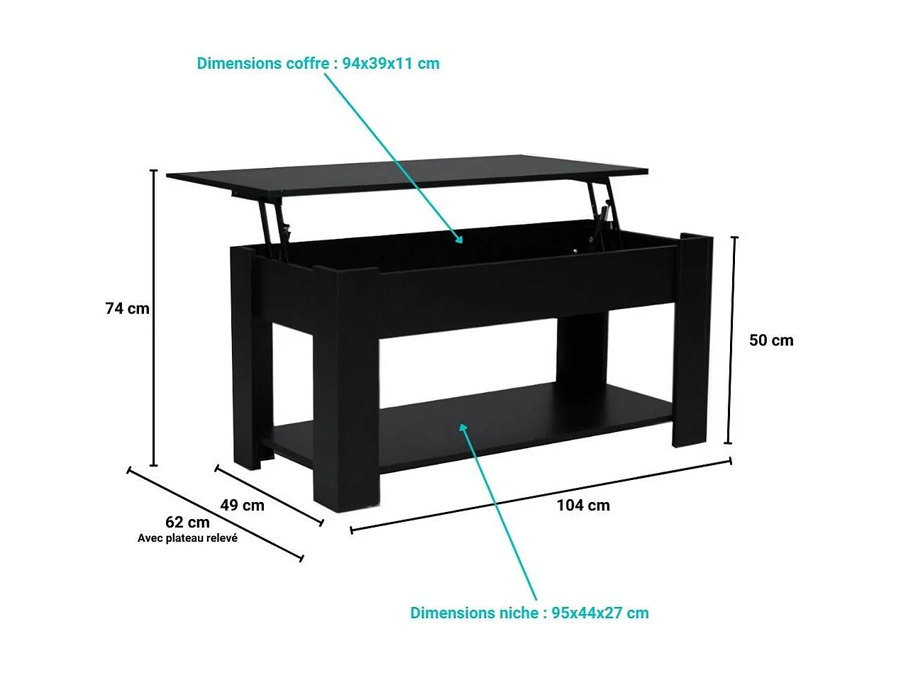 Table relevable 100x50cm Noir avec étagère de rangement Table salon bureau UFUK