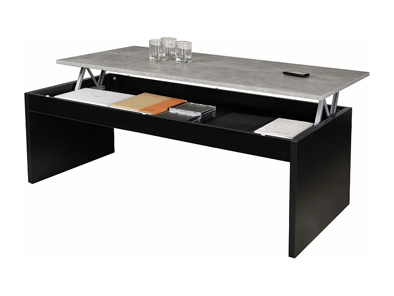 Table relevable 120x60cm Noir et béton avec étagère de rangement Table salon bureau DARAL