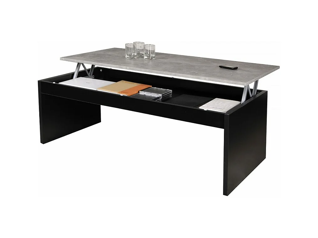 Table relevable 120x60cm Noir et béton avec étagère de rangement Table salon bureau DARAL