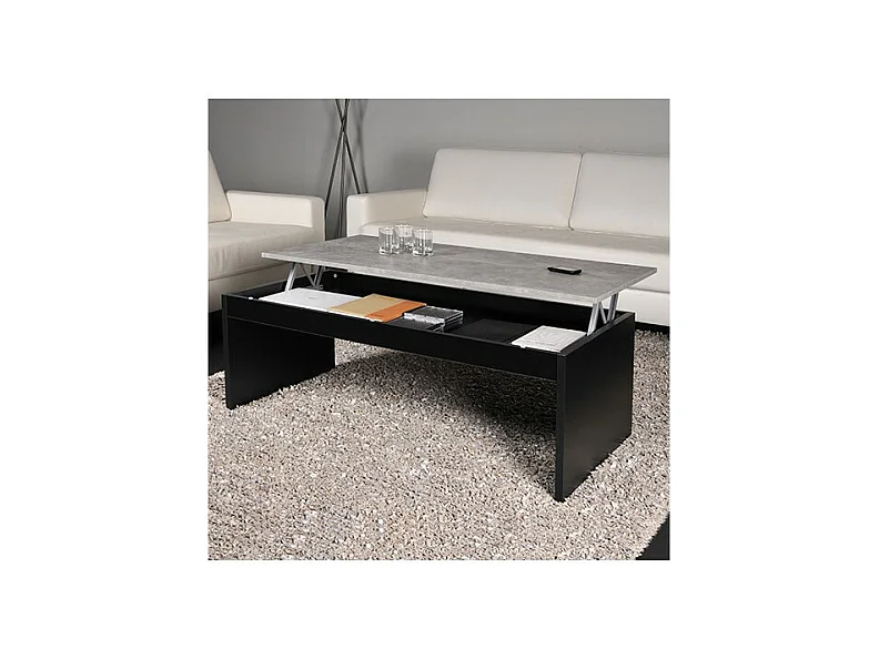 Table relevable 120x60cm Noir et béton avec étagère de rangement Table salon bureau DARAL