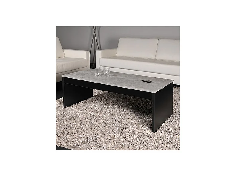 Table relevable 120x60cm Noir et béton avec étagère de rangement Table salon bureau DARAL