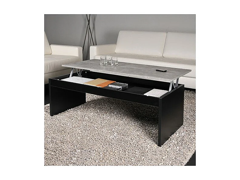 Table relevable 120x60cm Noir et béton avec étagère de rangement Table salon bureau DARAL