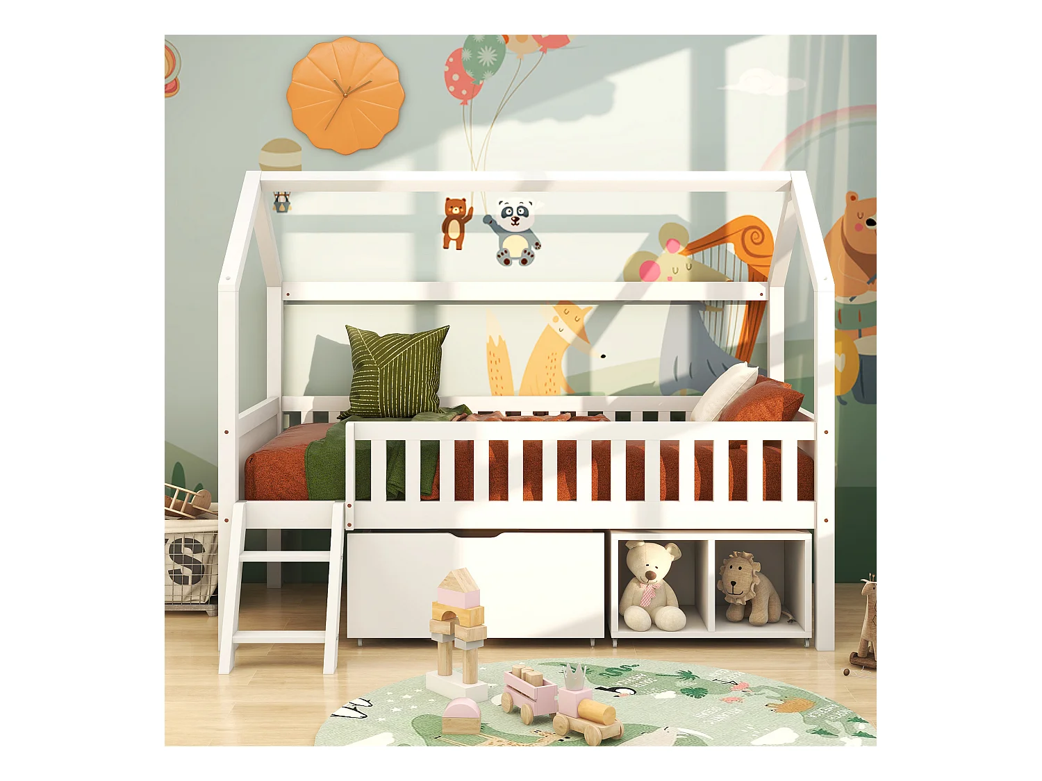 Lit enfant 200x90 cm, avec tiroirs et 2 espaces de rangement barrière de protection, lit cabane, sans matelas, bois, blanc