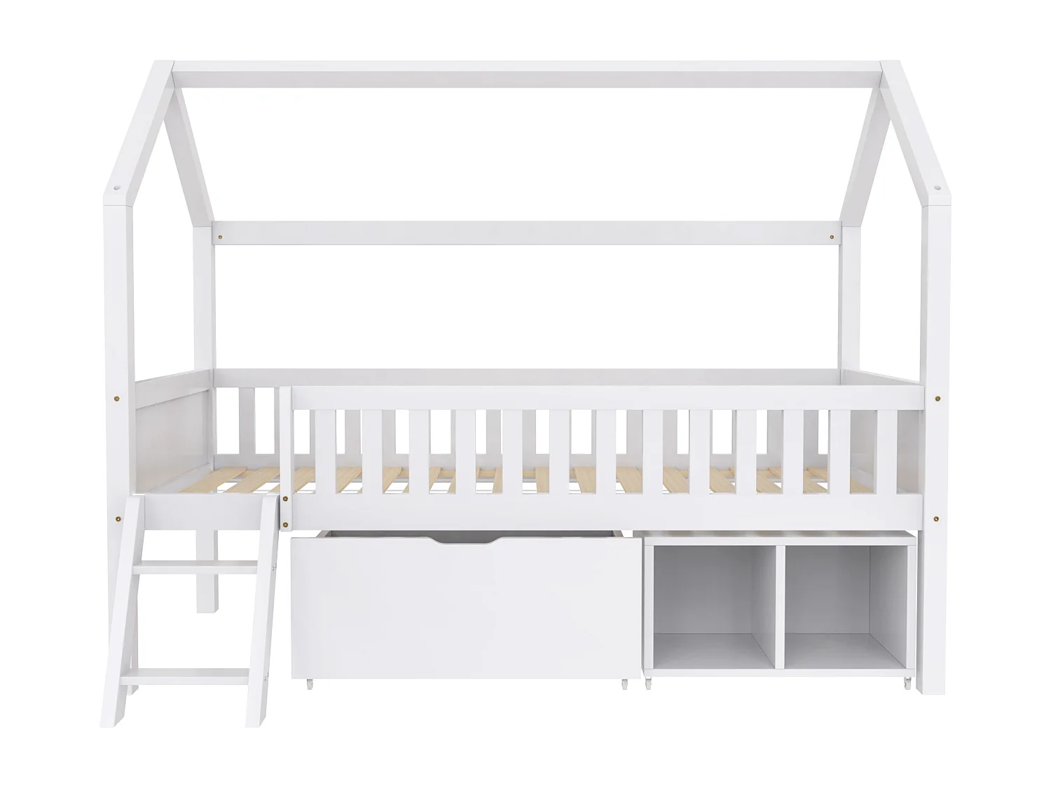 Lit enfant 200x90 cm, avec tiroirs et 2 espaces de rangement barrière de protection, lit cabane, sans matelas, bois, blanc