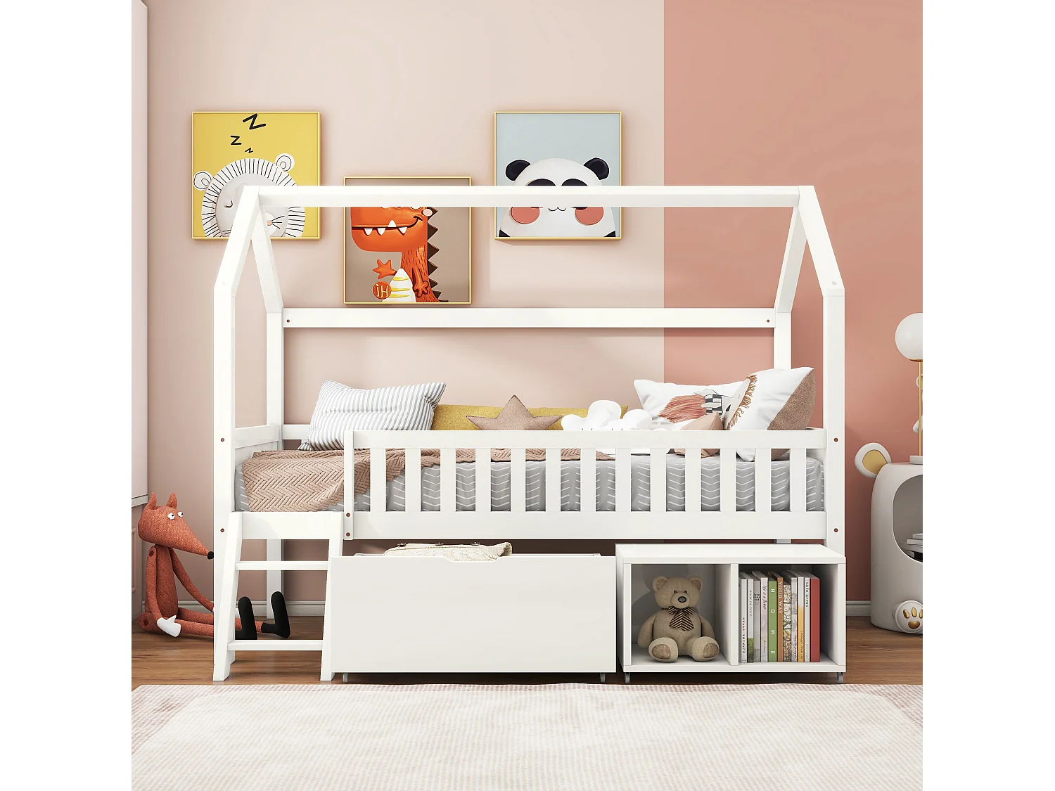 Lit enfant 200x90 cm, avec tiroirs et 2 espaces de rangement barrière de protection, lit cabane, sans matelas, bois, blanc