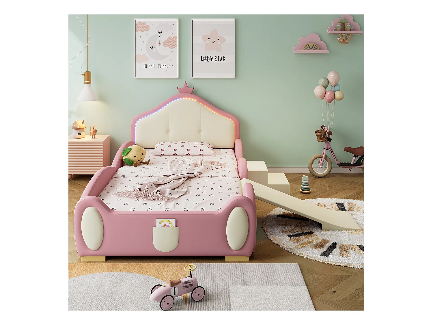 Lit simple enfant 90x200cm avec Couronne, LED, Toboggan et Escalier Interchangeables – en PU Rose Beige(sans matelas)