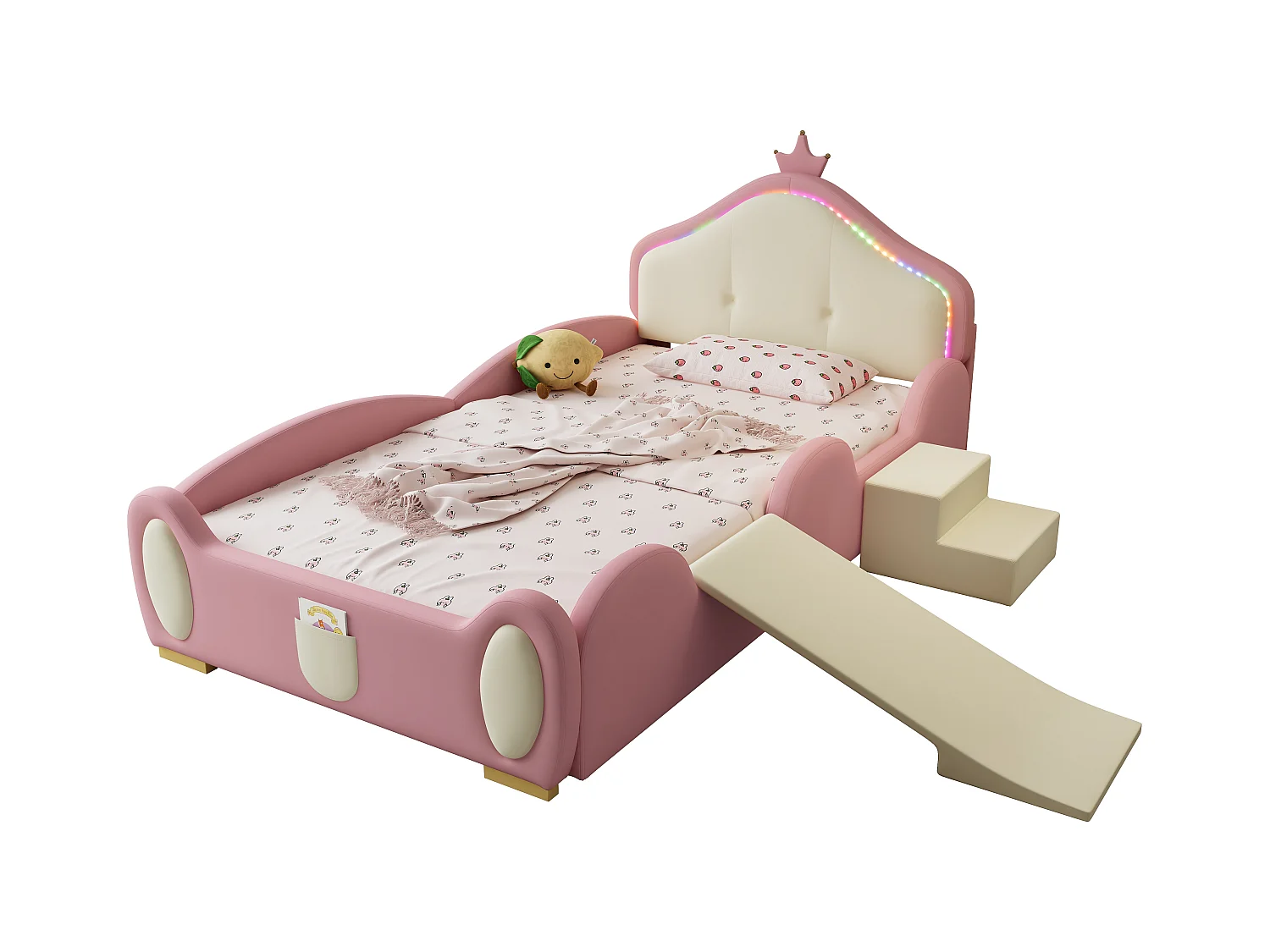 Lit simple enfant 90x200cm avec Couronne, LED, Toboggan et Escalier Interchangeables – en PU Rose Beige(sans matelas)