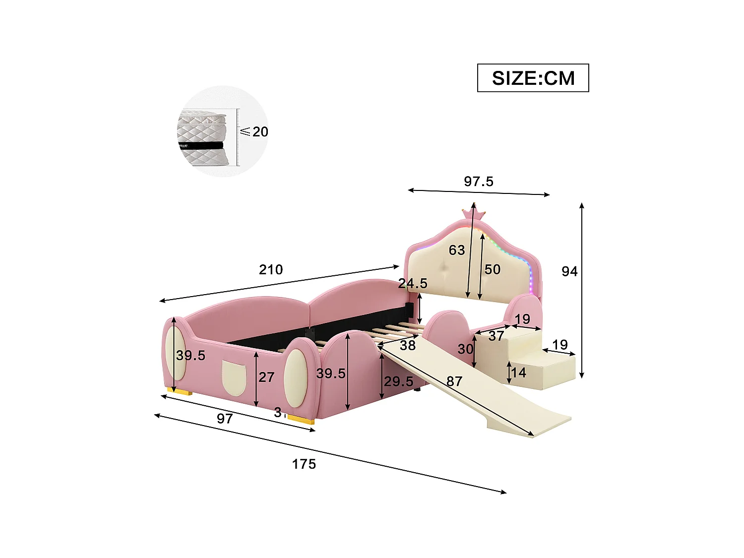 Lit simple enfant 90x200cm avec Couronne, LED, Toboggan et Escalier Interchangeables – en PU Rose Beige(sans matelas)