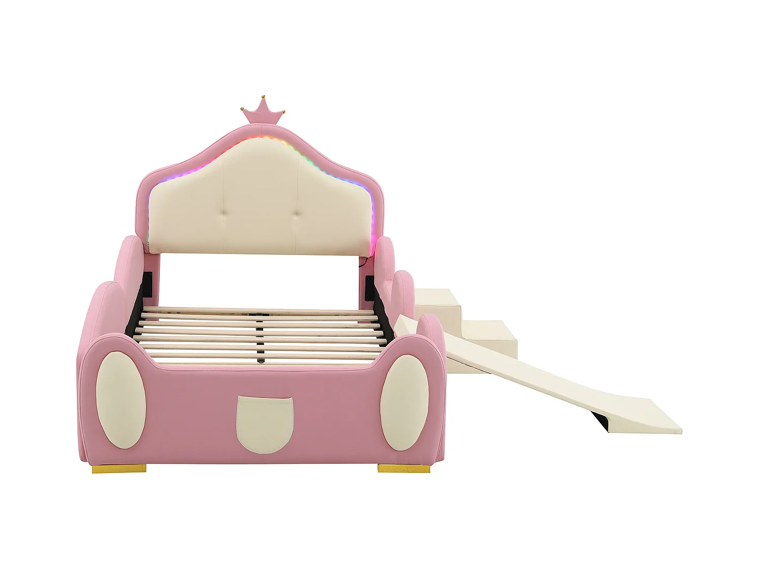 Lit simple enfant 90x200cm avec Couronne, LED, Toboggan et Escalier Interchangeables – en PU Rose Beige(sans matelas)