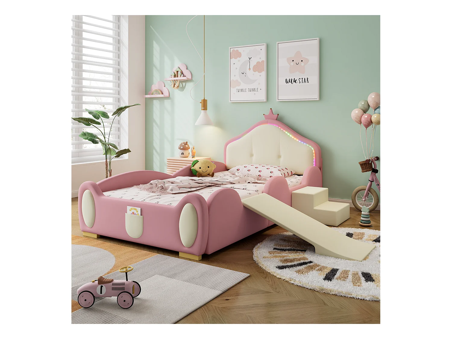 Lit simple enfant 90x200cm avec Couronne, LED, Toboggan et Escalier Interchangeables – en PU Rose Beige(sans matelas)