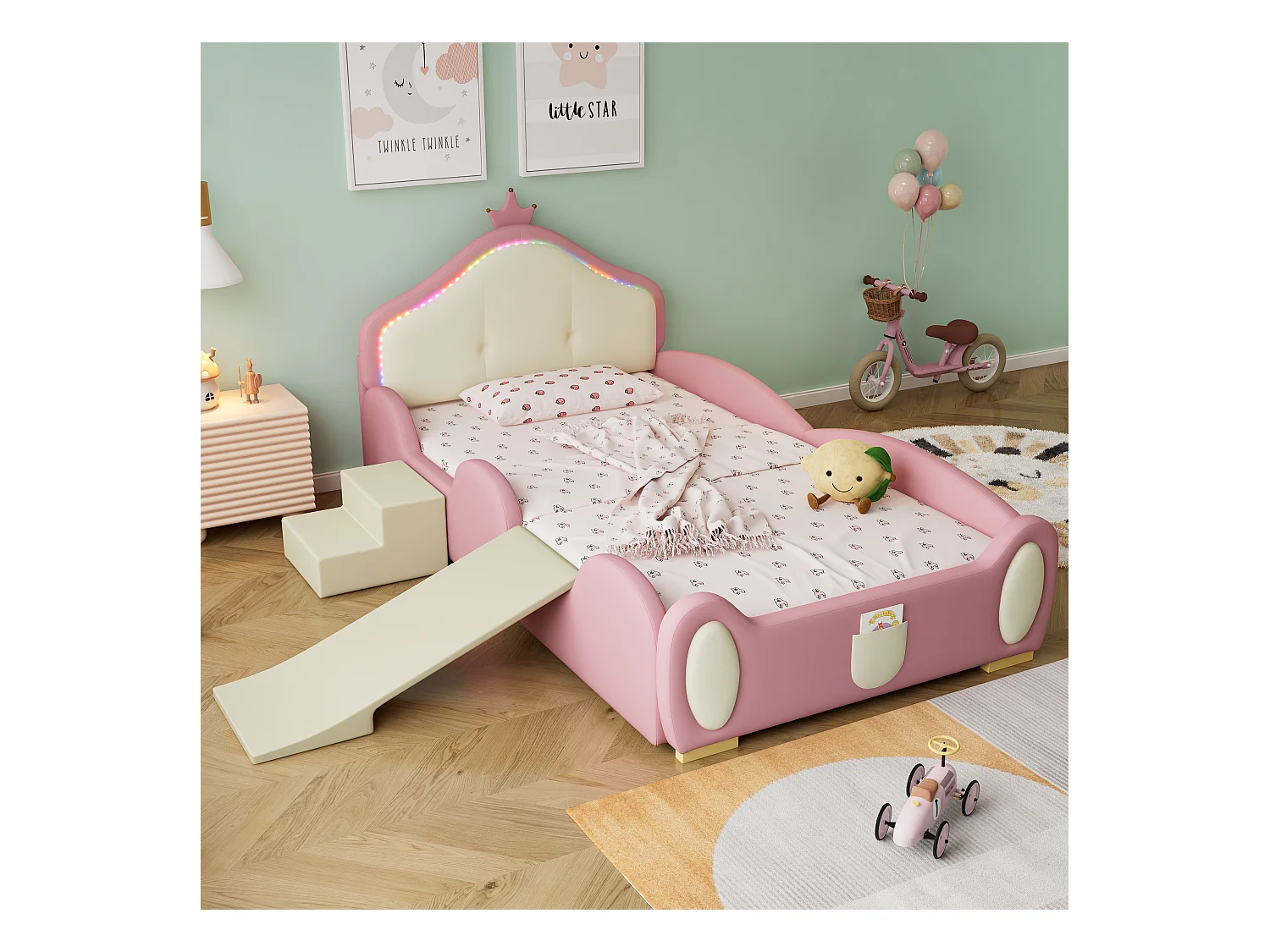 Lit simple enfant 90x200cm avec Couronne, LED, Toboggan et Escalier Interchangeables – en PU Rose Beige(sans matelas)