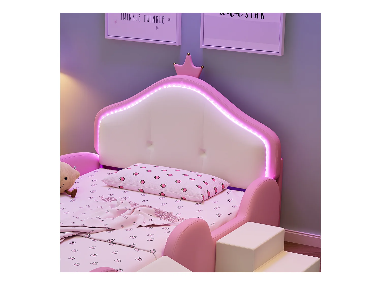 Lit simple enfant 90x200cm avec Couronne, LED, Toboggan et Escalier Interchangeables – en PU Rose Beige(sans matelas)