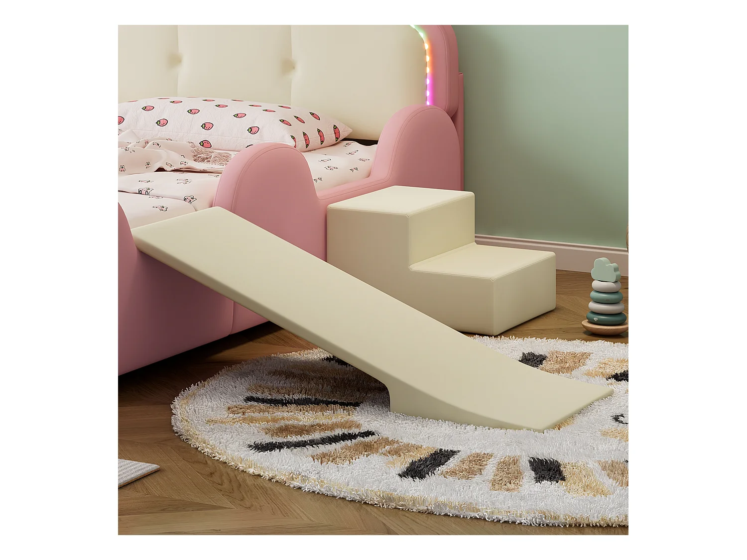 Lit simple enfant 90x200cm avec Couronne, LED, Toboggan et Escalier Interchangeables – en PU Rose Beige(sans matelas)