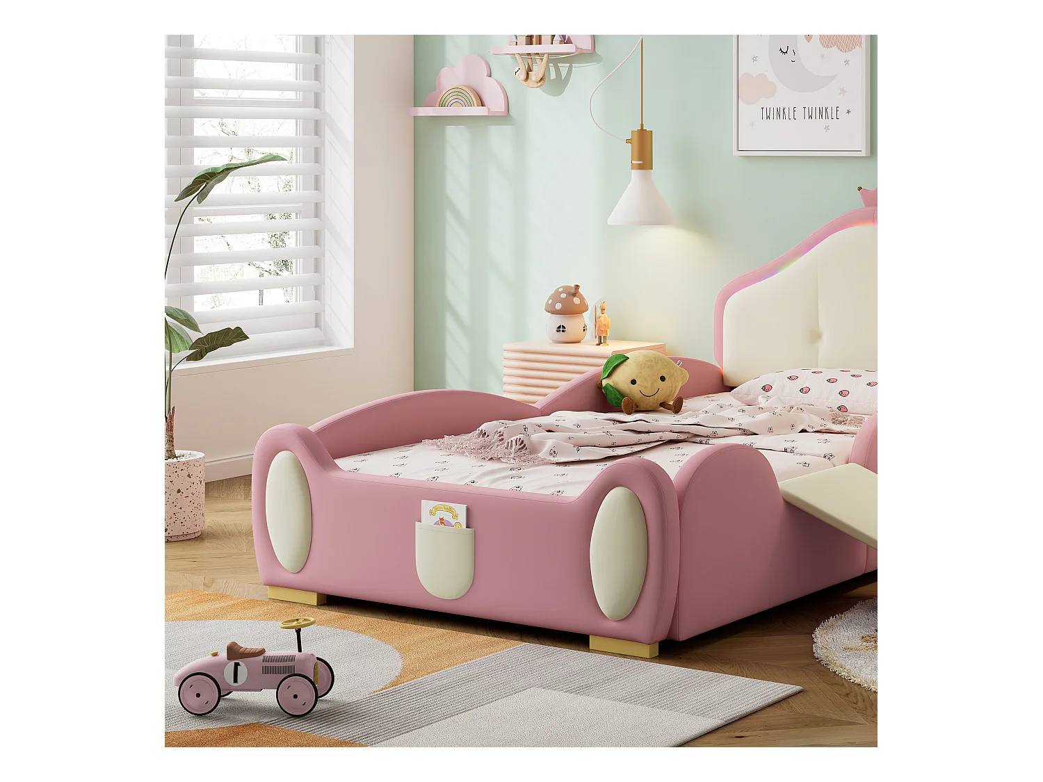 Lit simple enfant 90x200cm avec Couronne, LED, Toboggan et Escalier Interchangeables – en PU Rose Beige(sans matelas)